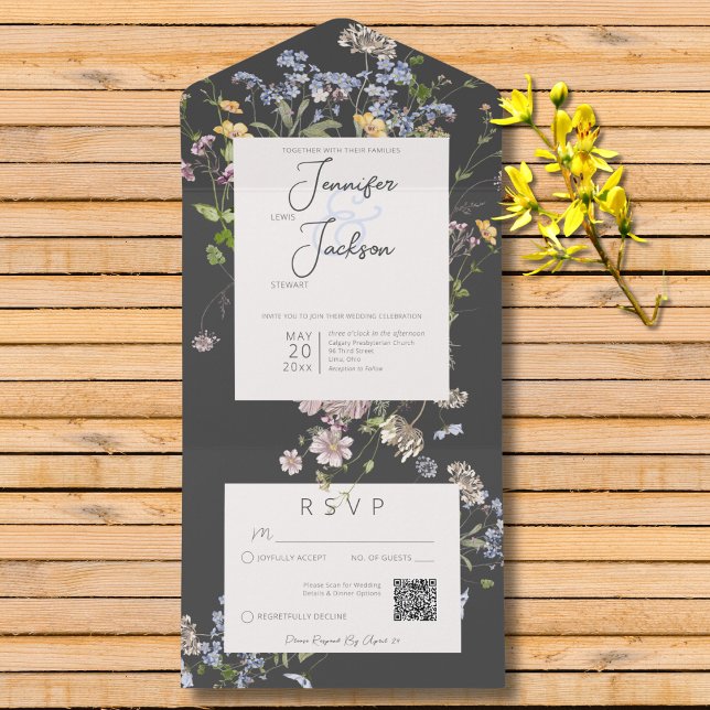 Delicate Boho Wildflower Charcarbonato Código QR (Delicate Boho Wildflowers Charcoal All In One Wedding Invitation with QR Code)