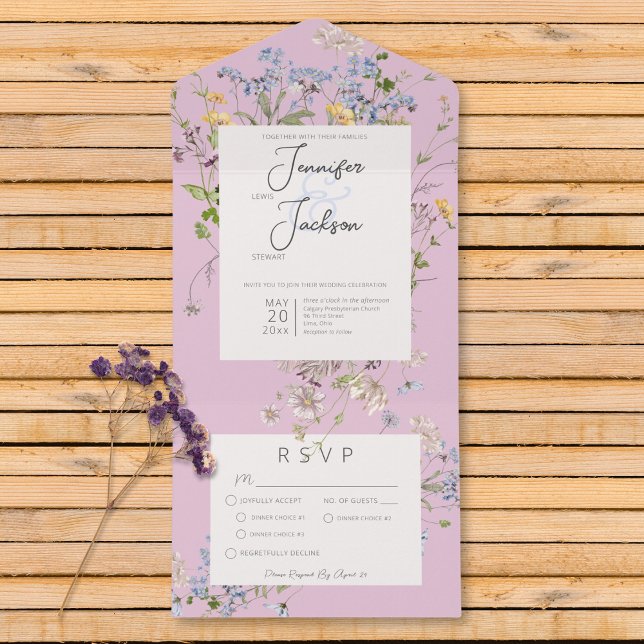 Delicate Boho Wildflower Janta rosa (Delicate Boho Wildflowers Pink Dinner All In One Invitation)