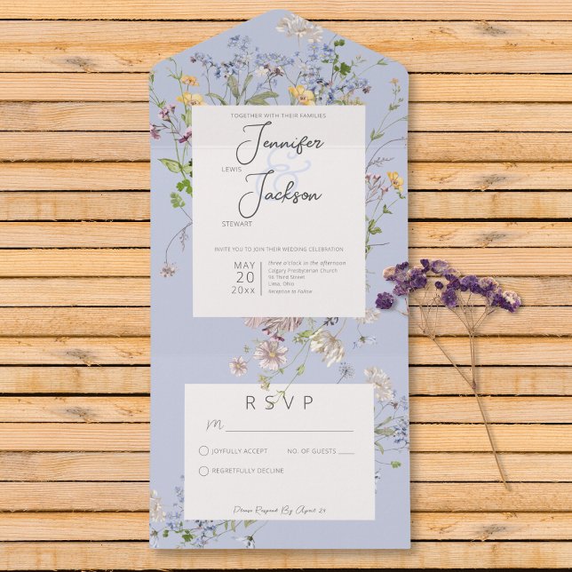 Delicate Boho Wildflower Periwinkle Sem Janto (Delicate Boho Wildflowers Periwinkle No Dinner All In One Invitation)
