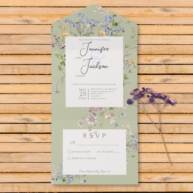 Delicate Boho Wildflower Sage Green Não Janta (Delicate Boho Wildflowers Sage Green No Dinner All In One Invitation)