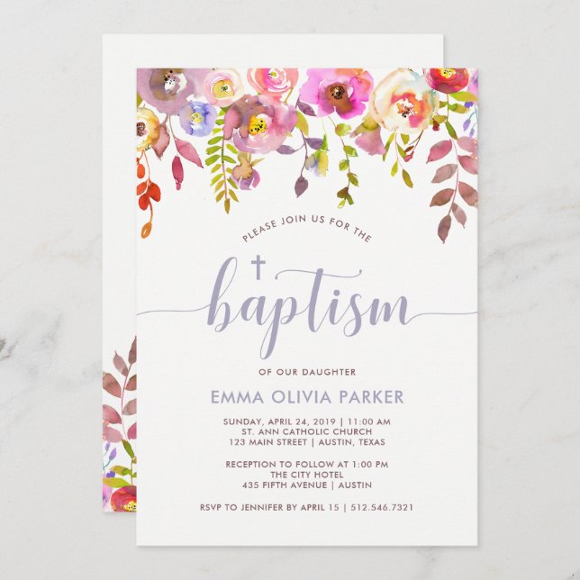 Delicate Floral | Convite Baptism (Frente/Verso)