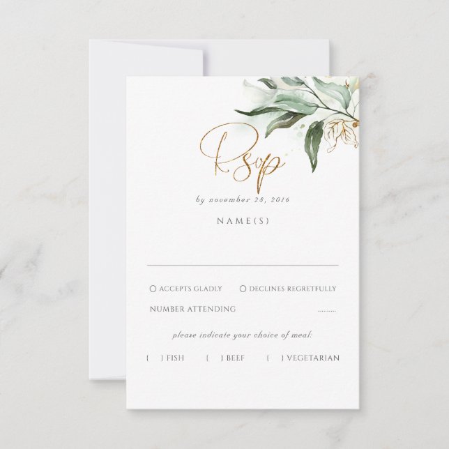 Delicate Greenery e Dourada Leaves Casamento RSVP (Frente)