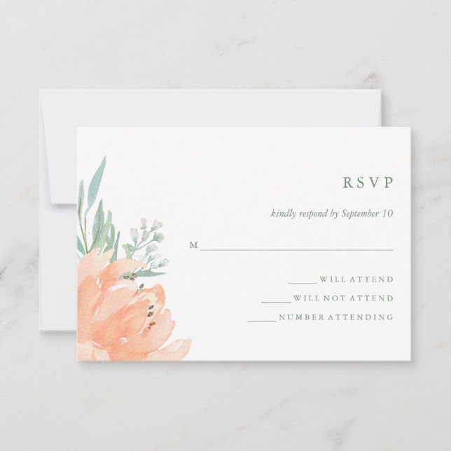 Delicate Peach Floral e Eucalyptus Wedding RSVP (Frente)