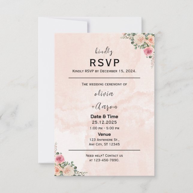 Delicate Pink Cream Floral Wedding RSVP Cards (Frente)