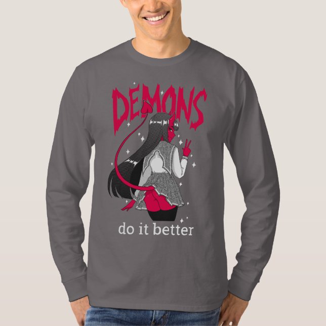 demónios melhora a camisa longa escura da Capa T (Frente)