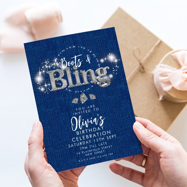 Denim Cowboy Boots and Bling Convite de festas (Criador carregado)