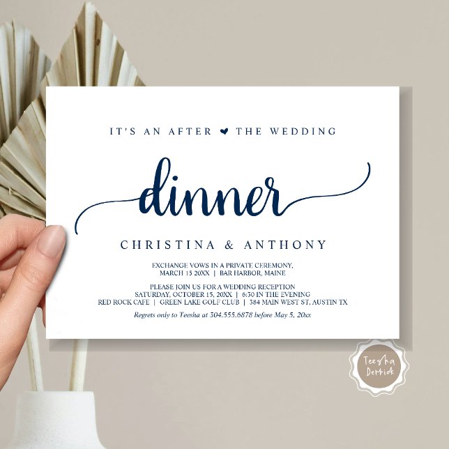 Depois do jantar de casamento, Convite de Elopamen (It's An After The Wedding Dinner, Elopement Invitation Card, Modern Rustic Script in Navy Blue.)
