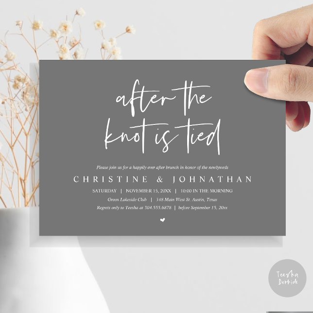 Depois do nó amarrado, Poste o convite Brunch (After the knot tied, Modern Post wedding Brunch Lunch Dinner Invitation Card, PDF, Dark Grey)