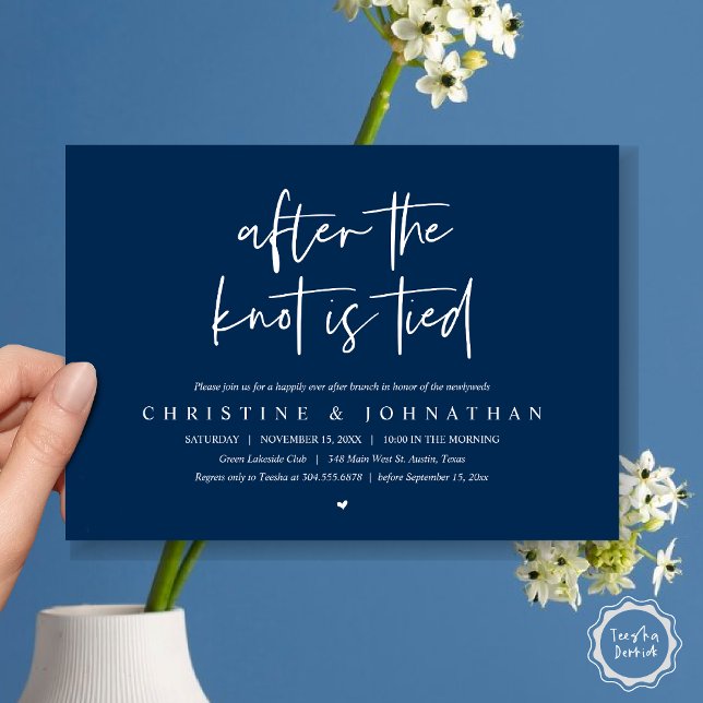 Depois do nó amarrado, Poste o convite Brunch (After the knot tied, Modern Post wedding Brunch Lunch Dinner Invitation Card, PDF, Navy Blue)
