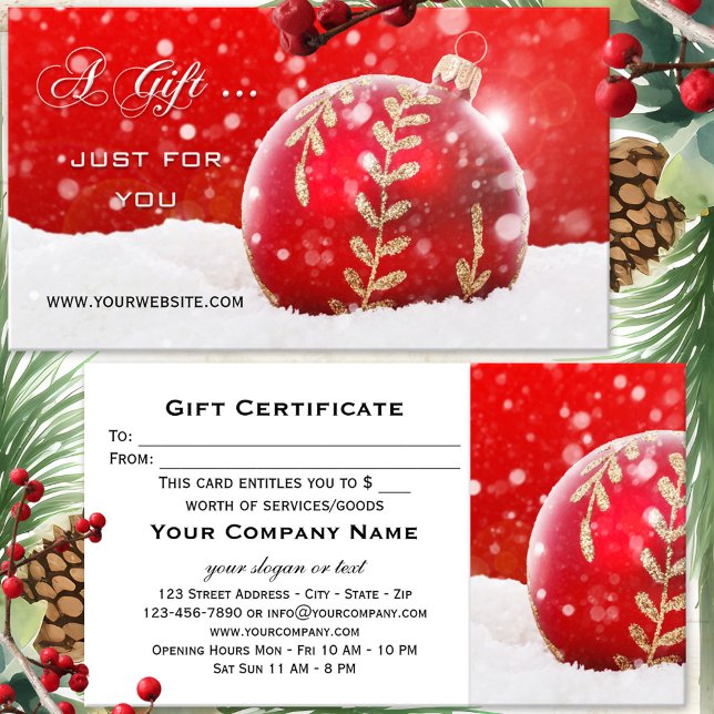 Desconto Cartão de Presente de Natal Bola Vermelha com Neve (A festive gift certificate featuring a red Christmas bauble with sparkling snow)