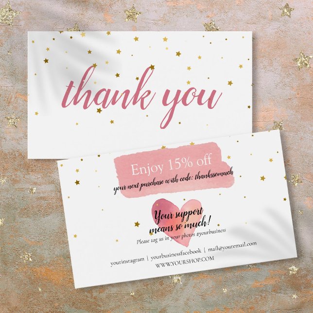 Desconto de agradecimento com estrelas douradas em (Gold Stars Pink Watercolor Thank You Discount)