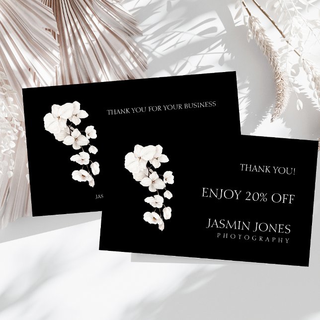 Desconto Empresarial Floral Orquídea Preto Branco  (Modern Black and White QR Code Orchids Flowers Business Discount Card)