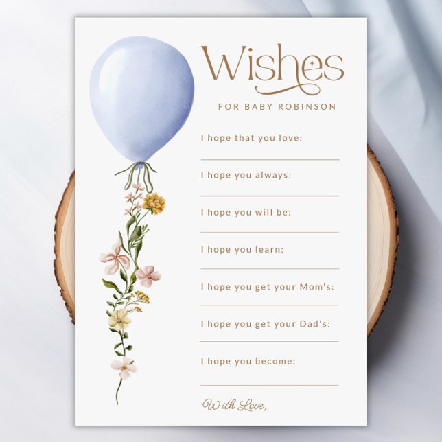 Desejos para Cartão de Chá de fraldas de Balão Azu (Wishes for Baby Blue Balloon Baby Shower Game Card)