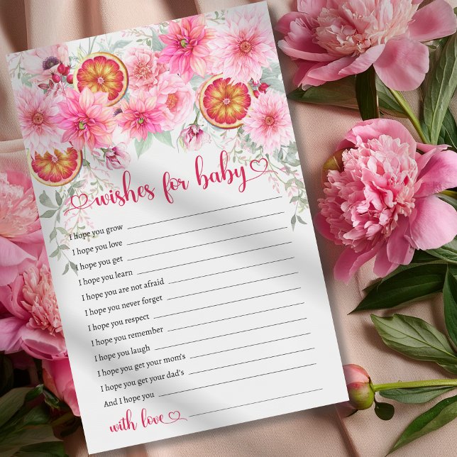 Desejos Para Jogo De Chá de fraldas Rosa Citrino (Wishes for baby citrus with pink watercolor flowers baby shower game, girl baby shower,)
