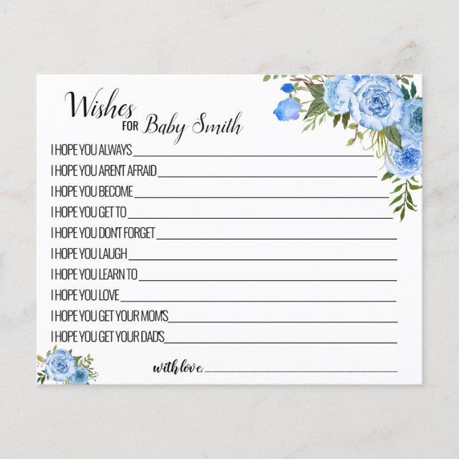 Desejos para o novo cartão de chá de fraldas azul  (Frente)