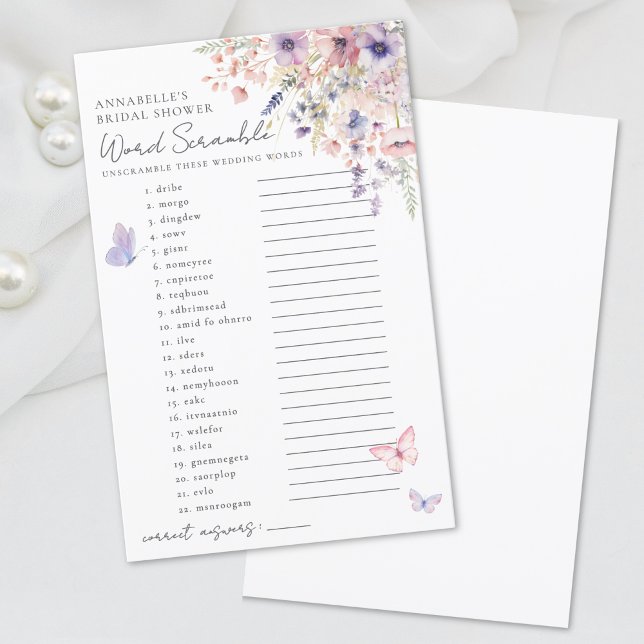 Desembaralhe as Letras Borboleta Flor Silvestre Ch (Word Scramble Butterfly Wildflower Bridal Shower )
