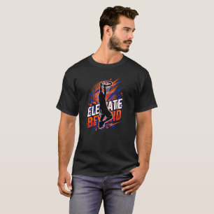 Desenho de camiseta preta básica “ELEVATE BEYOND”.