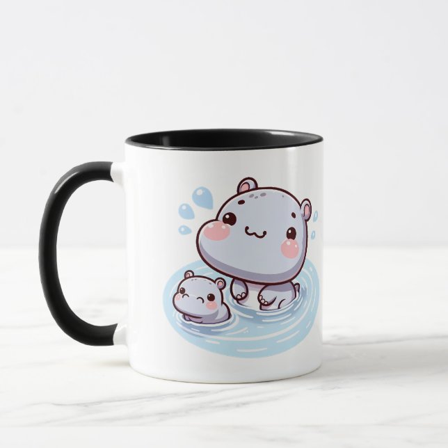 Desenho de Caneca de Hipopótamos Bebês Kawaii Nada (Esquerda)