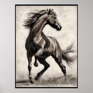 Desenho de cavalos, poster de lápis de carvão