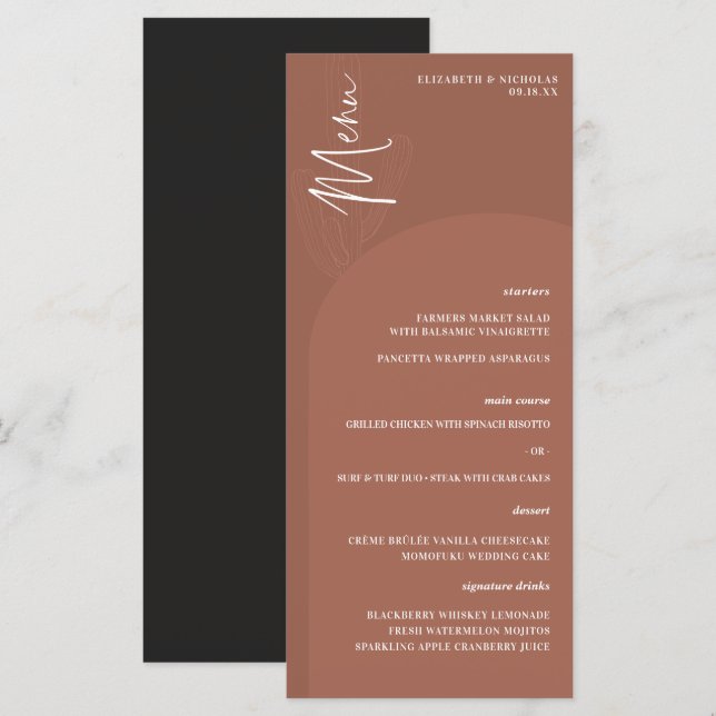Deserto de Modern Boho | Menu de Casamento de Scri (Frente/Verso)