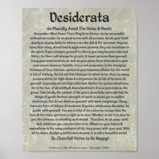 DESIDERATA Poster Max Ehrmann-Caligrafia medieval (Frente)