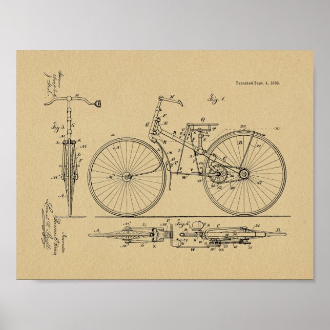 design de 1888 Vintage Bicycle Impressão de Arte P (Frente)