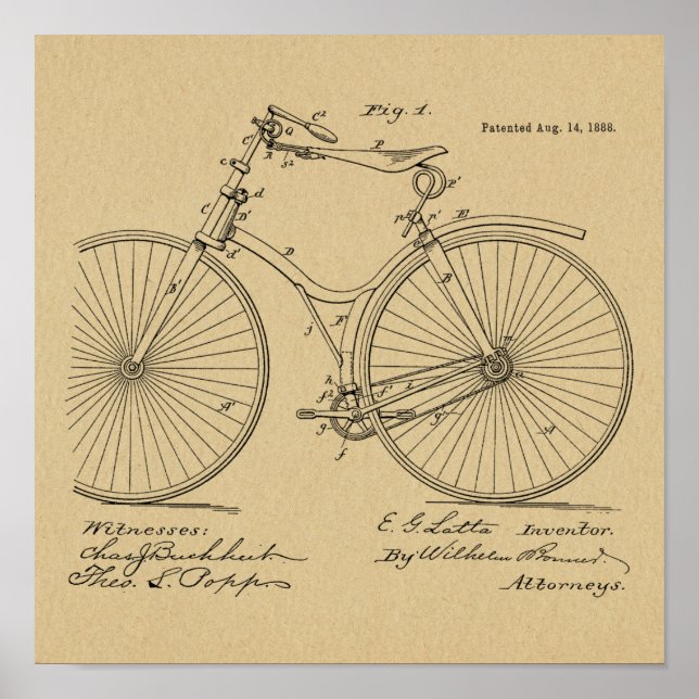 design de 1888 Vintage Bicycle Impressão de Arte P (Frente)