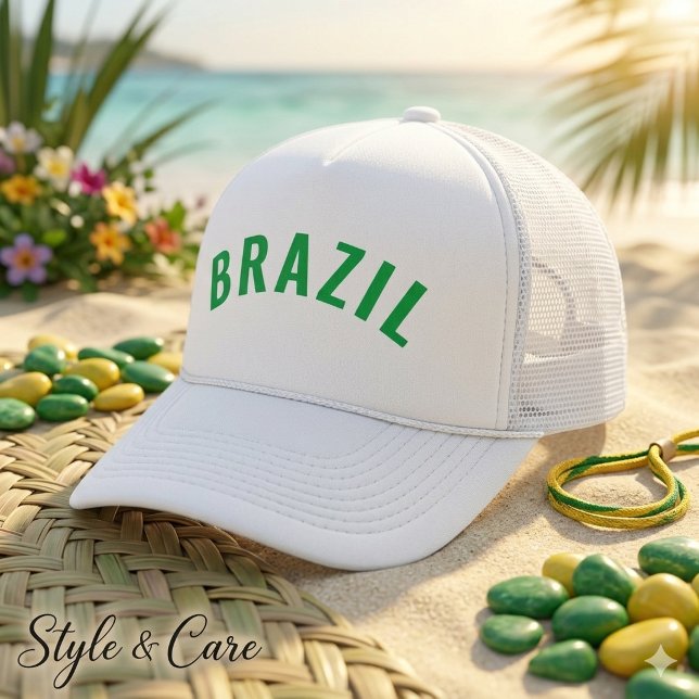 Design de Boné Trucker com Texto Brasil Personaliz (Personalized Brazil Text Bold Trucker Hat Design)