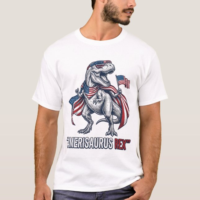 Design de Camisa Branca Patriótico T-Rex Amerisaur (Frente)