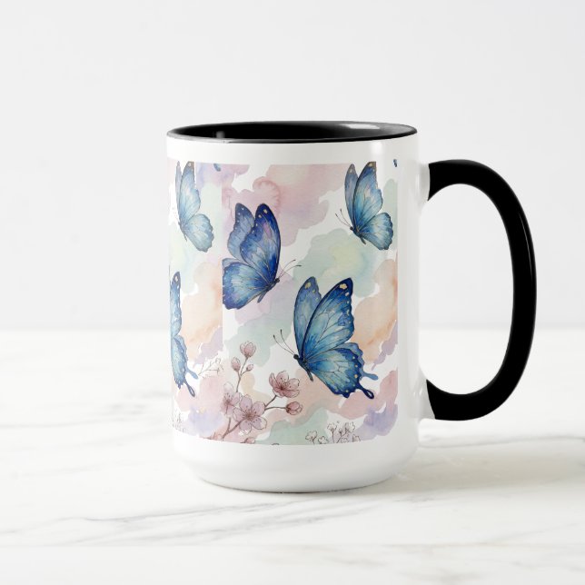 Design de Caneca Borboletas Azuis Aquarela – Elega (Direita)