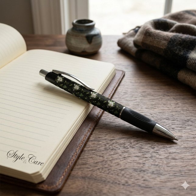 Design de Caneta Emmy com Padrão Floral Verde Bran (Elegant Green White Floral Pattern Emmy Pen Design)
