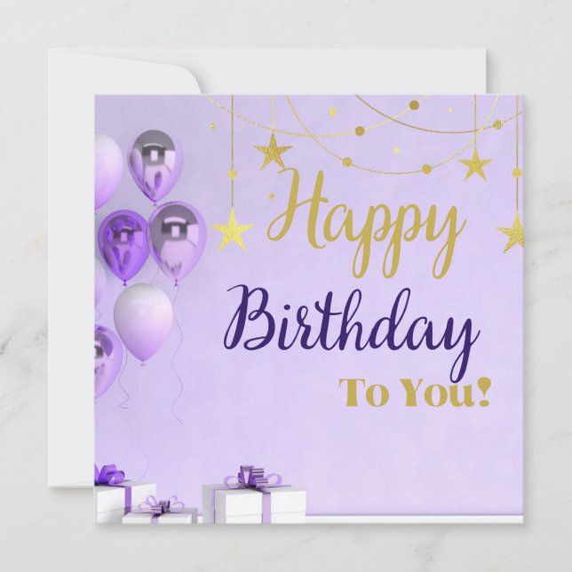Design de cartão de aniversário roxo e dourado (Frente)
