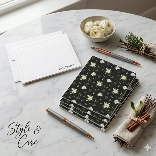 Design de Cartão de Nota com Padrão Floral Verde B (Modern Green White Floral Pattern Note Card Design)