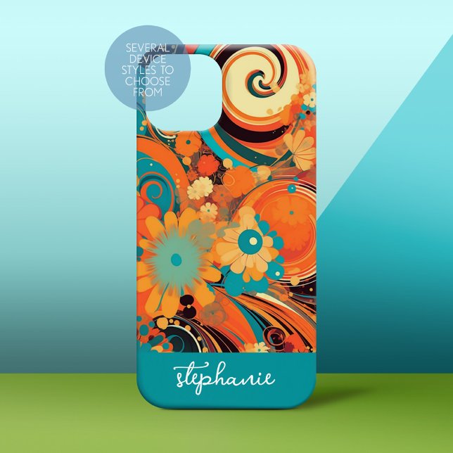 design de flores de mod funky com espiral - nome d (Personalized Phone Case)