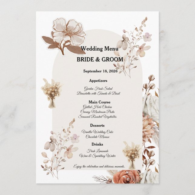 Design de Menu de Casamento Neutro Rústico (Frente)