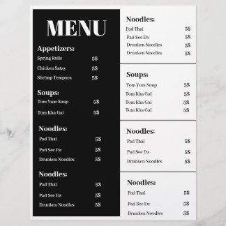 Design de menu preto e branco, design de menu simp