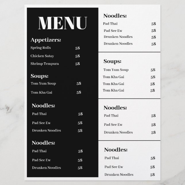 Design de menu preto e branco, design de menu simp (Frente)