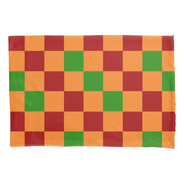 Design de padrão xadrez vermelho laranja verde (Frente-Esquerda)