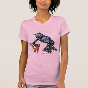 Design engraçado do t-shirt do robô e do gato