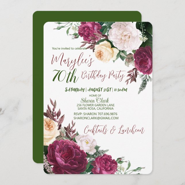 Design Floral 70 de Festa de aniversário Convite d (Frente/Verso)