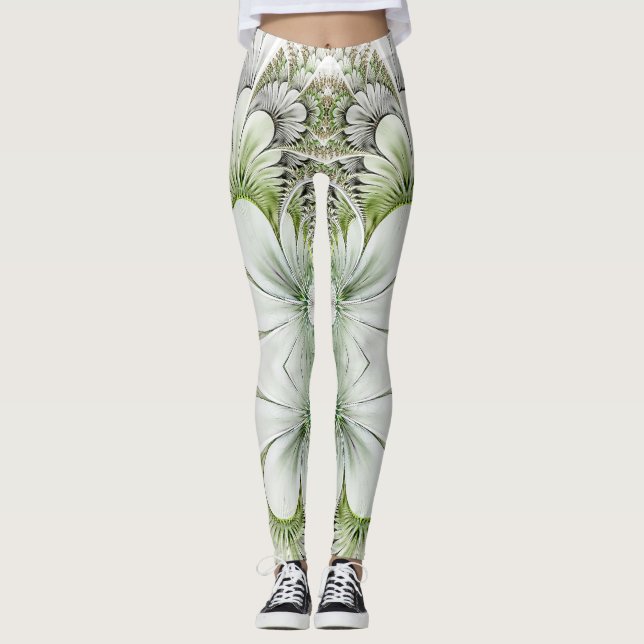 Design floral verde e branco Legging do Fractal (Frente)