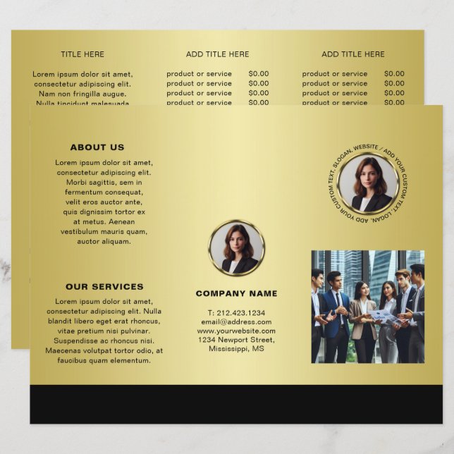 Design preto e dourado, Brochuras com logotipo ou  (Frente/Verso)