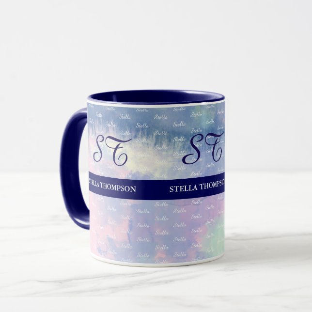 Design sua própria caneca azul aquosa com nomes (Frente Esquerda)