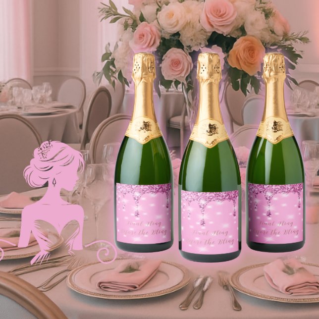 Deslumbrante Noiva com Brilho Rosa Quente (Pop the bubbly in style! Elegant pink glitter drip labels for your Final Fling Before the Bling.)