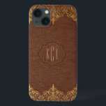 Destaques Dourados do Couro Marrom Elegante Vintag<br><div class="desc">Tons marrons elegantes e elegantes parecem couros falsos com tons de ouro acentos de renda floral. O monograma personalizável é opcional.</div>
