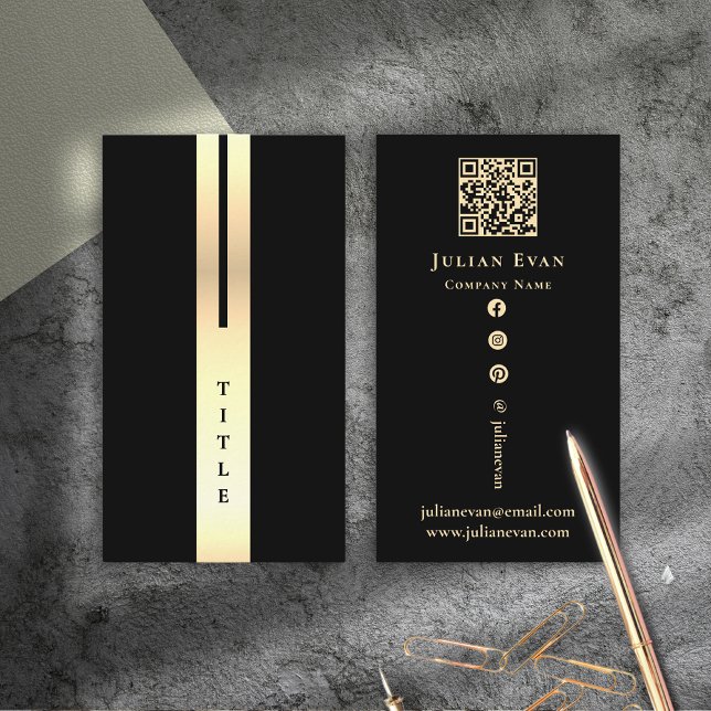Detalhe artístico moderno preto e Cartão de visita (Artistic Modern Minimal Black & Gold Vertical Business Card)
