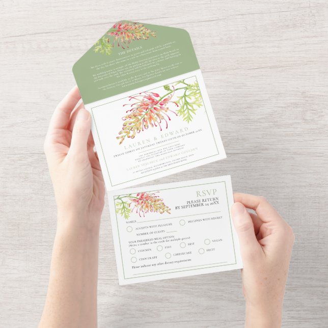 Detalhe de RSVP de casamento de aquarela Grevillea (Aba destacável)