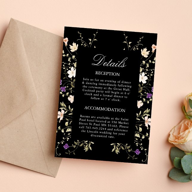 Detalhes do Cartão de Envio do Casamento Preto com (Wildflowers black wedding details enclosure card shares key info with elegant style)
