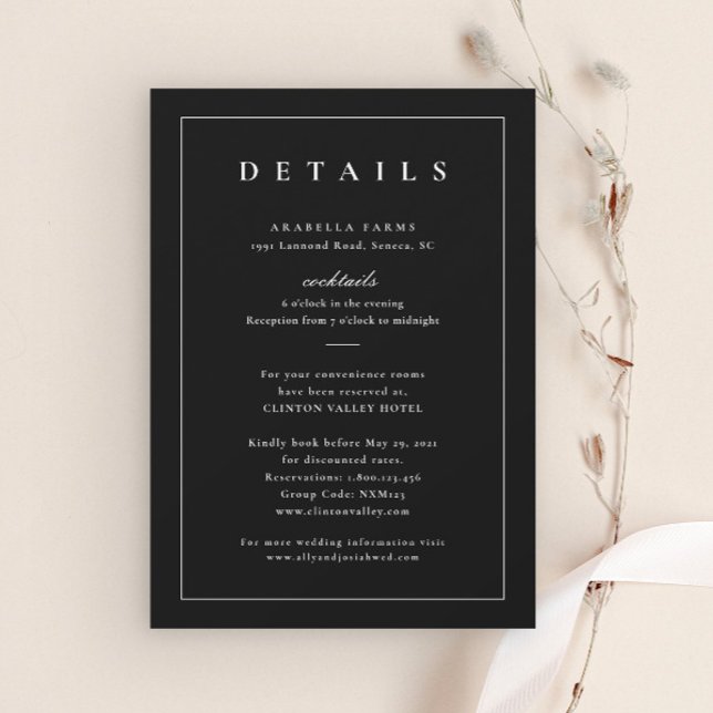 Detalhes do Casamento Branco e Preto Clássico (Simple Black and White Wedding Details Enclosure Cards.)