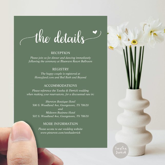 Detalhes do Casamento, Cartão de Gabinete Rustic S (Wedding Details, Rustic Script Enclosure Card, in Forest Sage Green)